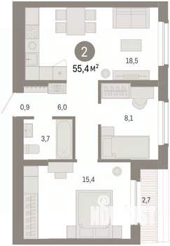 2-к квартира, вторичка, 55м2, 8/16 этаж