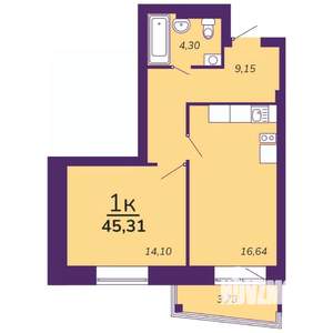 1-к квартира, строящийся дом, 45м2, 9/9 этаж