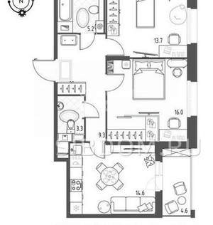 2-к квартира, вторичка, 64м2, 2/12 этаж