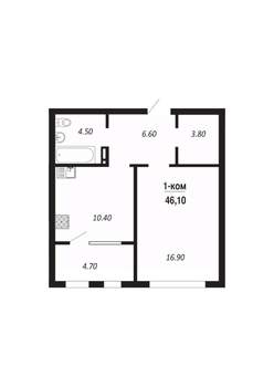 1-к квартира, строящийся дом, 46м2, 6/14 этаж