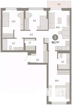 3-к квартира, вторичка, 87м2, 3/16 этаж
