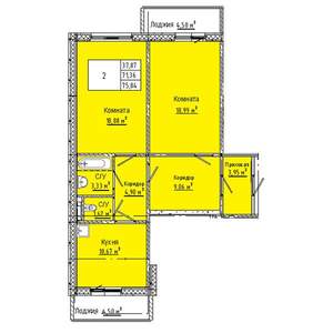2-к квартира, строящийся дом, 76м2, 1/10 этаж