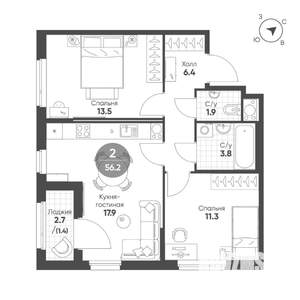 2-к квартира, строящийся дом, 56м2, 3/12 этаж