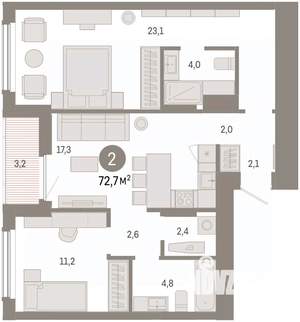 2-к квартира, вторичка, 73м2, 9/16 этаж
