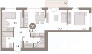 2-к квартира, вторичка, 62м2, 6/16 этаж