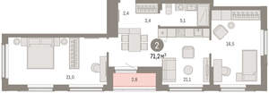 2-к квартира, вторичка, 71м2, 2/16 этаж