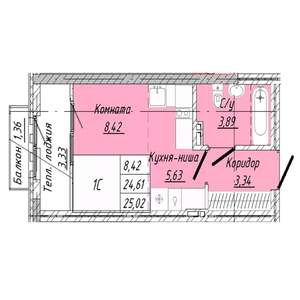 1-к квартира, строящийся дом, 25м2, 8/8 этаж