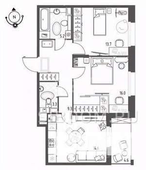 2-к квартира, вторичка, 64м2, 2/12 этаж