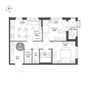 2-к квартира, вторичка, 57м2, 2/10 этаж