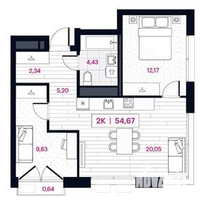 2-к квартира, вторичка, 55м2, 10/15 этаж