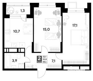 2-к квартира, строящийся дом, 55м2, 2/21 этаж