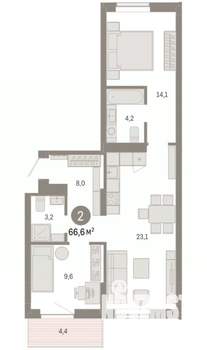 2-к квартира, вторичка, 67м2, 6/9 этаж