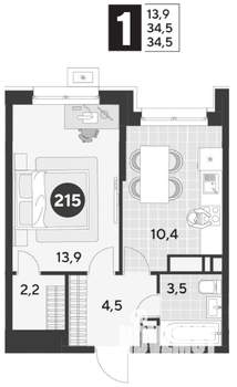 1-к квартира, строящийся дом, 35м2, 18/21 этаж