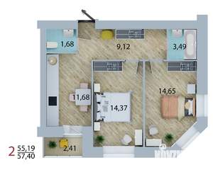 2-к квартира, строящийся дом, 56м2, 10/10 этаж