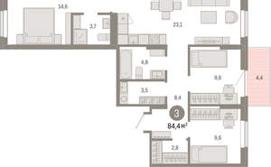 3-к квартира, вторичка, 84м2, 4/9 этаж