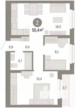 2-к квартира, вторичка, 55м2, 8/16 этаж