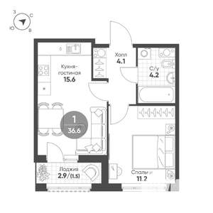 1-к квартира, строящийся дом, 37м2, 6/12 этаж