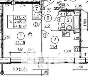 1-к квартира, строящийся дом, 44м2, 6/8 этаж