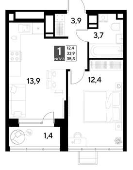 1-к квартира, строящийся дом, 35м2, 20/21 этаж
