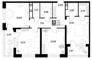 3-к квартира, строящийся дом, 80м2, 14/21 этаж