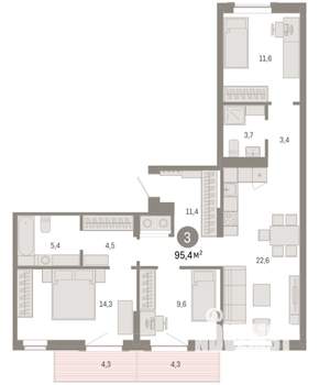 3-к квартира, вторичка, 95м2, 8/9 этаж