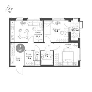 2-к квартира, вторичка, 56м2, 8/10 этаж