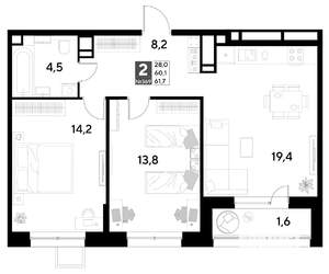 2-к квартира, вторичка, 62м2, 14/21 этаж