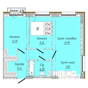 2-к квартира, строящийся дом, 58м2, 2/8 этаж