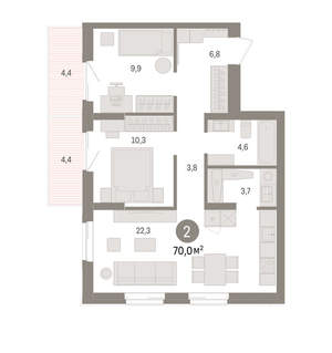 2-к квартира, вторичка, 70м2, 3/14 этаж