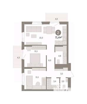 2-к квартира, вторичка, 71м2, 9/14 этаж