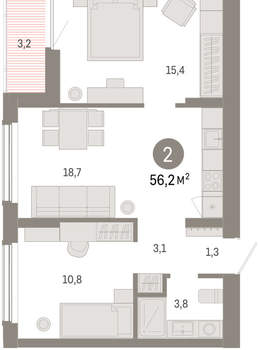 2-к квартира, вторичка, 56м2, 5/16 этаж