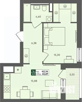 1-к квартира, строящийся дом, 46м2, 7/7 этаж