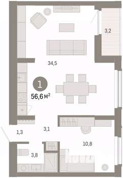 1-к квартира, вторичка, 57м2, 4/8 этаж