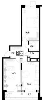 2-к квартира, строящийся дом, 64м2, 16/21 этаж