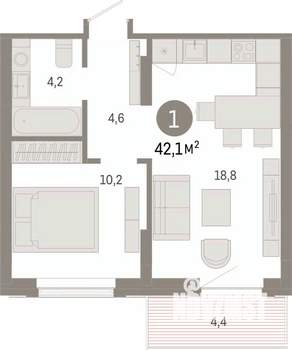 1-к квартира, вторичка, 42м2, 7/8 этаж