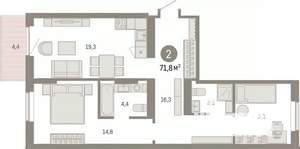 2-к квартира, вторичка, 72м2, 6/9 этаж