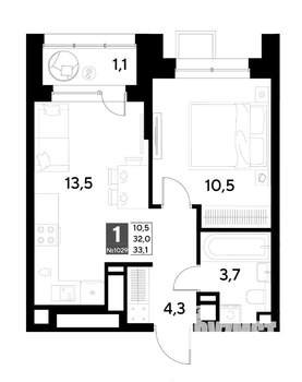 1-к квартира, строящийся дом, 33м2, 18/21 этаж