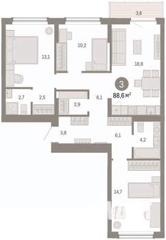 3-к квартира, вторичка, 89м2, 3/16 этаж