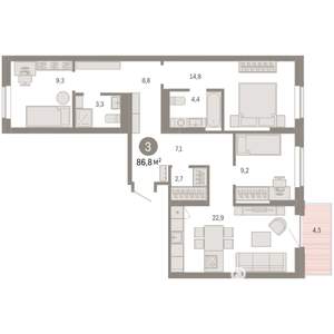 3-к квартира, вторичка, 87м2, 8/9 этаж