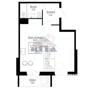 1-к квартира, строящийся дом, 39м2, 8/8 этаж