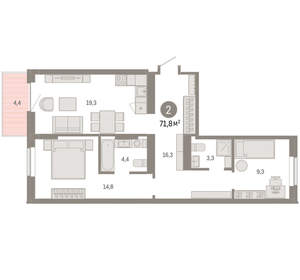 2-к квартира, вторичка, 72м2, 5/9 этаж
