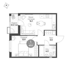 1-к квартира, строящийся дом, 40м2, 8/15 этаж