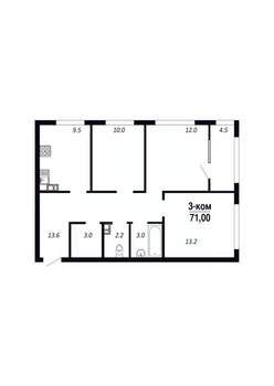 3-к квартира, строящийся дом, 71м2, 15/22 этаж