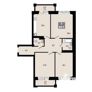 3-к квартира, строящийся дом, 88м2, 7/18 этаж