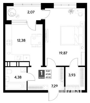 1-к квартира, строящийся дом, 50м2, 9/22 этаж