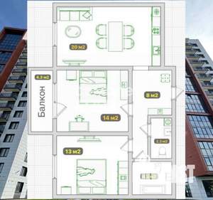 2-к квартира, вторичка, 64м2, 6/12 этаж