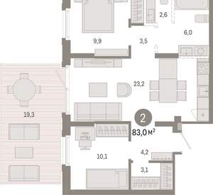 2-к квартира, вторичка, 83м2, 1/9 этаж