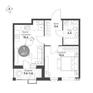 1-к квартира, строящийся дом, 41м2, 6/15 этаж