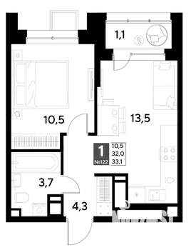 1-к квартира, строящийся дом, 33м2, 11/21 этаж