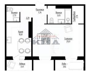 1-к квартира, строящийся дом, 52м2, 13/16 этаж